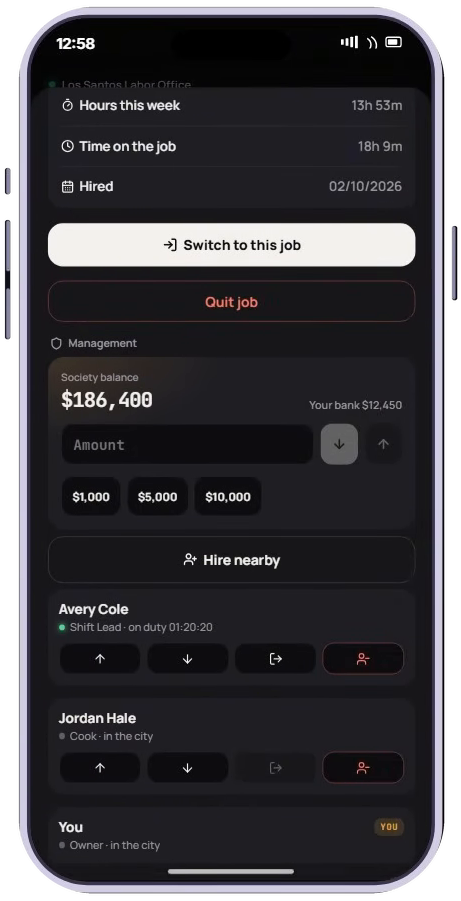 Full phone showing society management and employee promotion, demotion, clock-out and removal controls