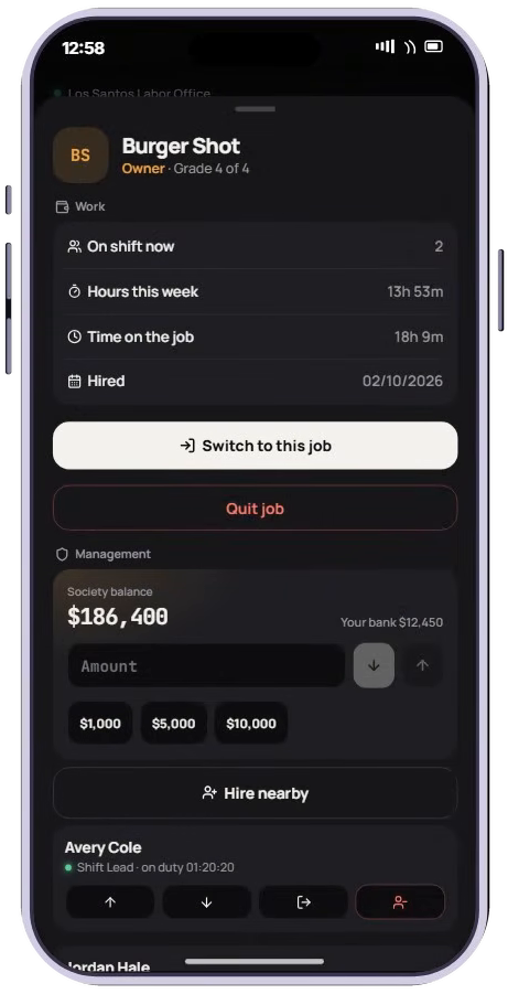 Full phone showing job details, society balance, amount field, deposits, withdrawals and nearby hiring