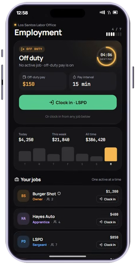 Full phone showing off-duty status, off-duty pay, clock-in control and saved jobs