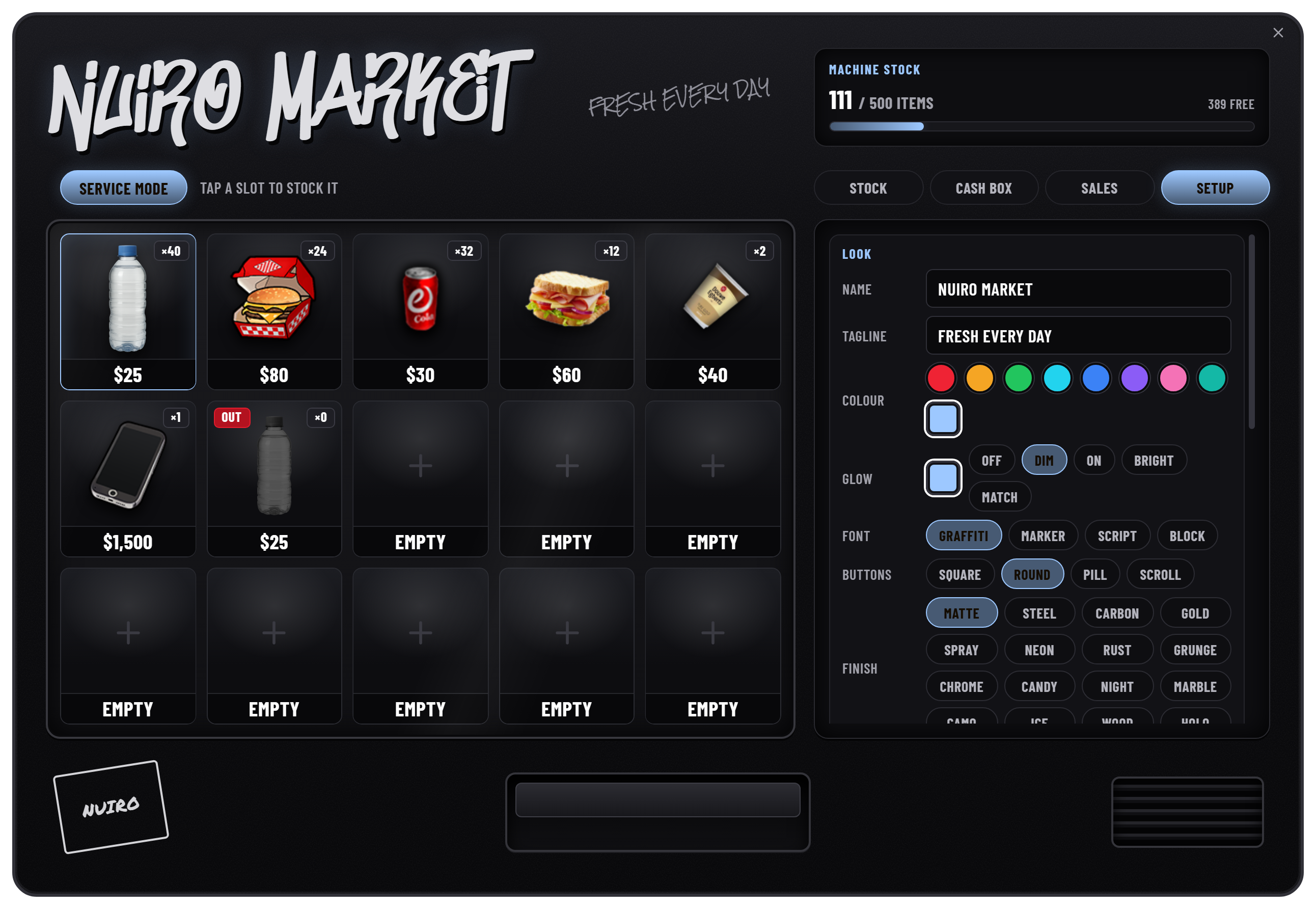 Owner setup panel with theme, finish, font, glow, and button options