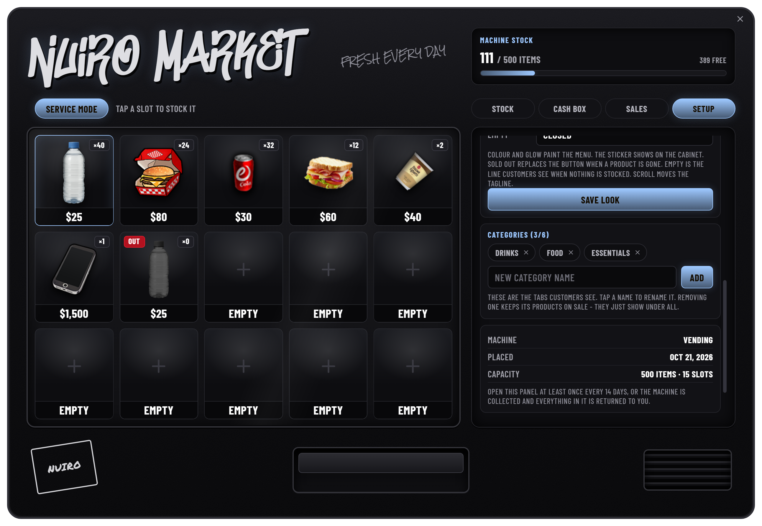 Setup panel scrolled to categories, machine information, and pickup controls