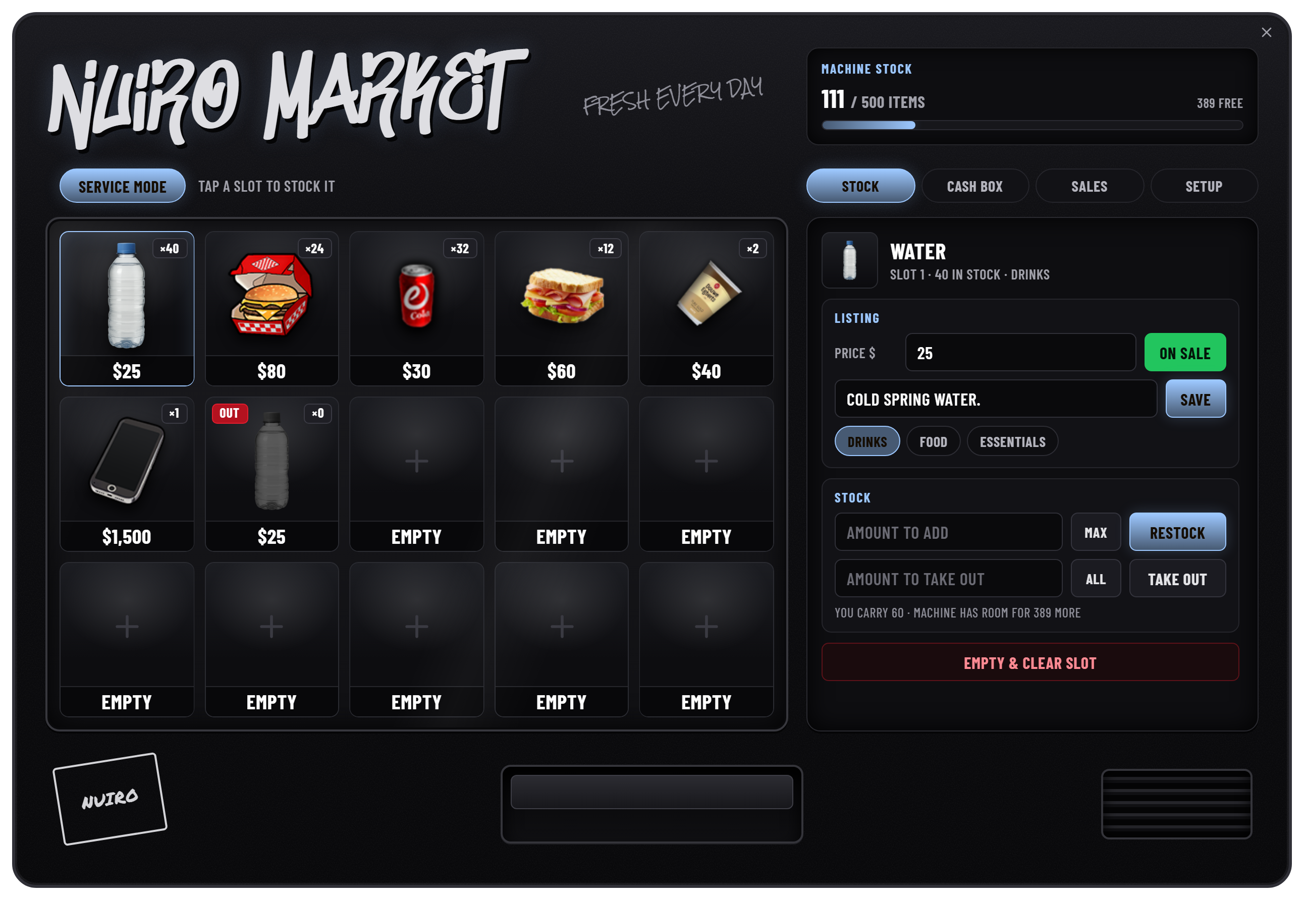 Existing listing with price, sale status, restock and take-out controls