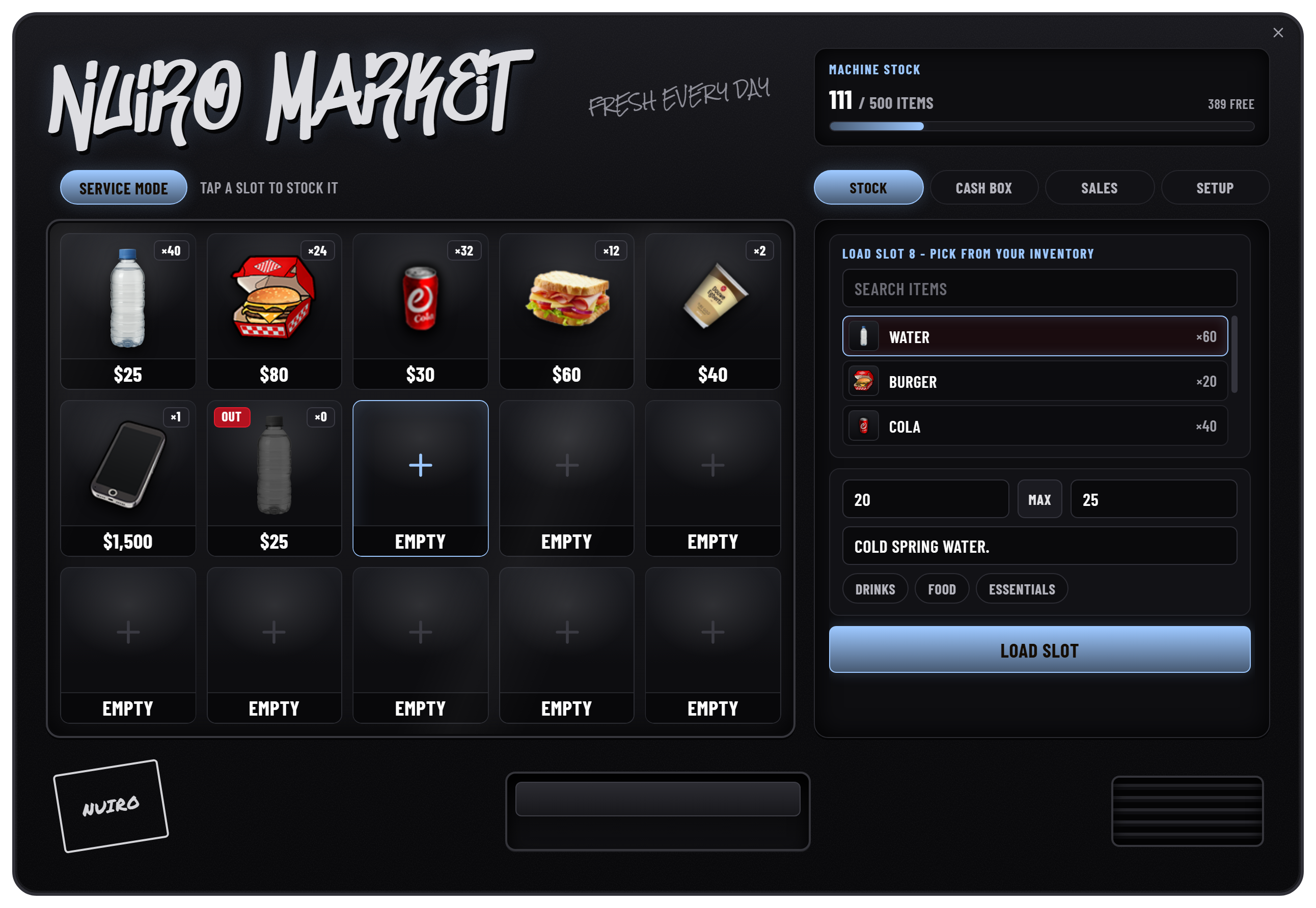 Owner stock panel with inventory item selection, stock count, price, and description