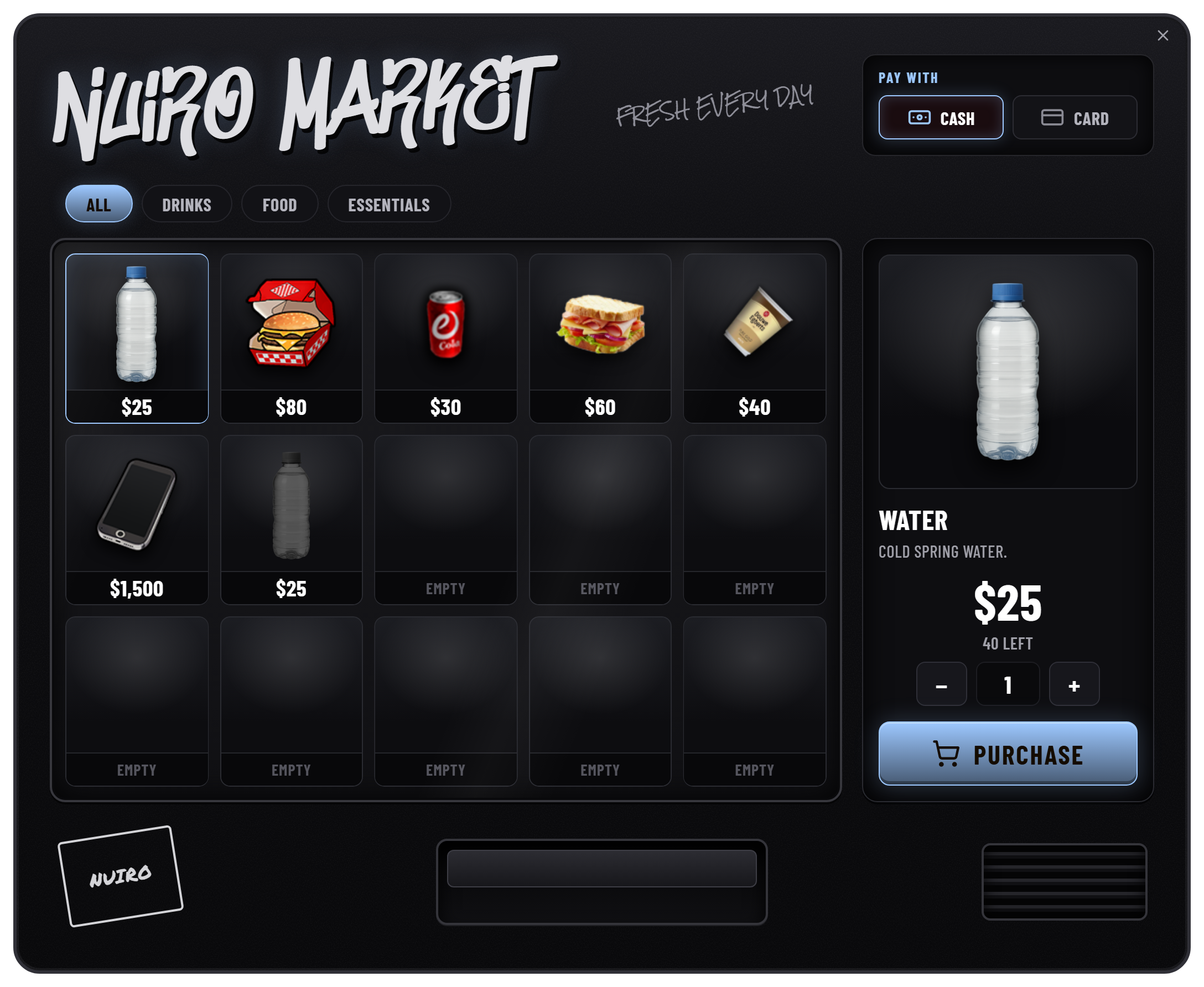 Customer storefront with product categories, quantity controls, and payment selection