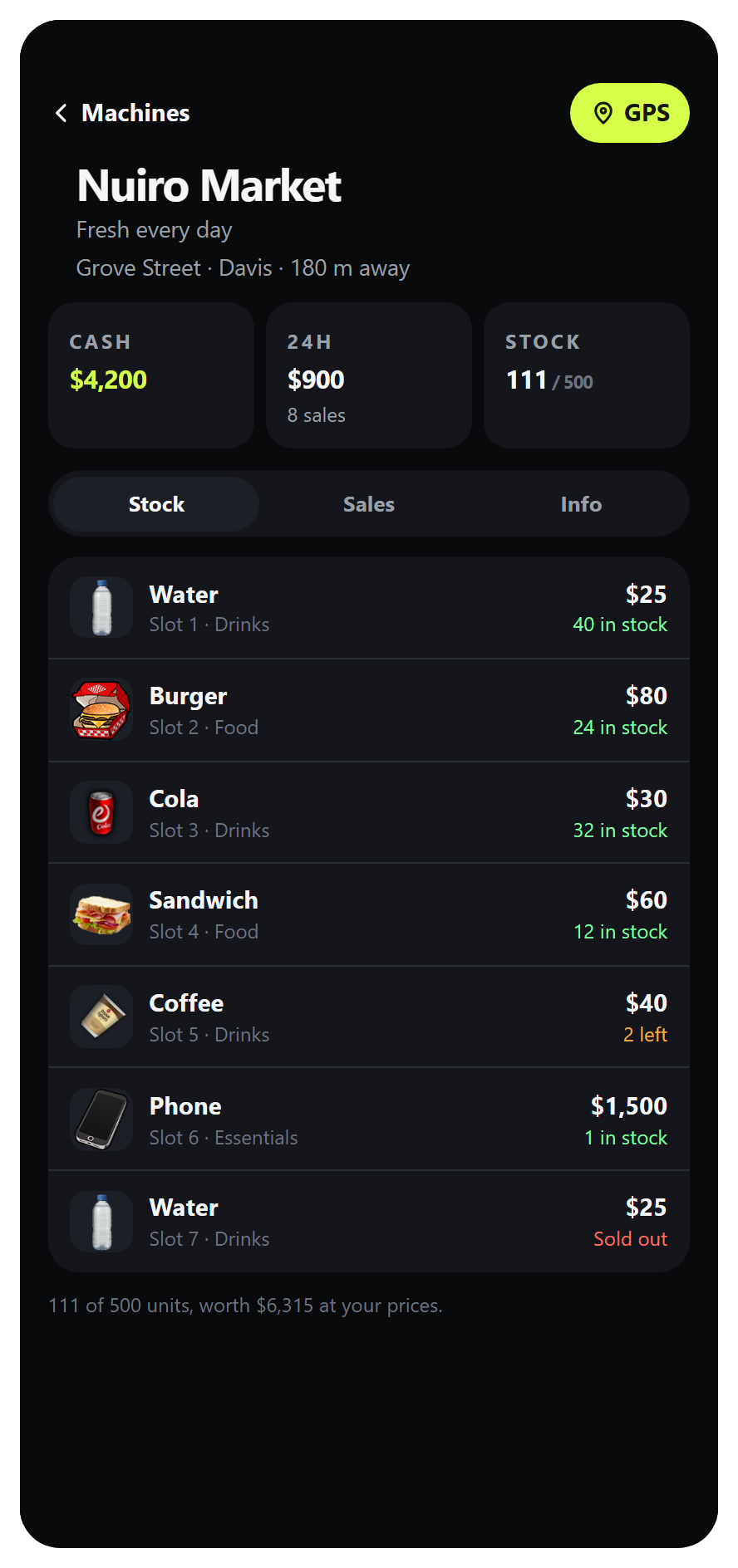 VendTrack Stock tab with individual products, prices, and in-stock, low, and sold-out states